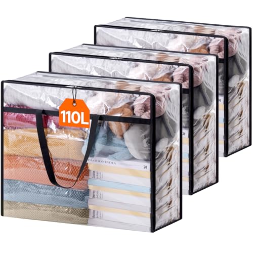 Lifewit 3 Pack Clear Clothes Storage Bags, 110L Plastic Blanket Storage Bag, Vinyl Foldable Moving Bags with Zipper, Closet Organizers and Storage Containers for Bedding, Duvet, Comforter - size: 110L