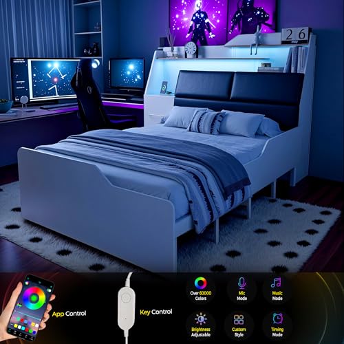 Kikihouse Full Size Platform Bed with Foldable Desk & Storage Headboard | Bookshelf, 4 Drawers, LED Lights, USB Ports, No Box Spring Needed, Space-Saving - size: Full