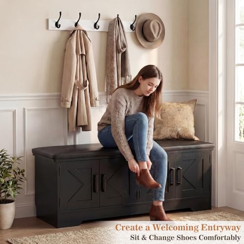 Farmhouse Shoe Storage Bench with Cushion - 43.3" Entryway Bench with Storage & 4 Barn Doors, 2-Tier Wooden Shoe Rack Bench, Hidden Shoe Cabinet & Mudroom Bench for Bedroom Hallway Living Room, Black - color: Black