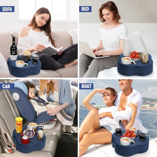 Couch Cup Holder Pillow, Sofa Organizer Caddy Bed Refreshment Tray for Drinks, Remotes, Phones, Snacks (Navy) - color: Navy, size: 12*12*3.7 Inch