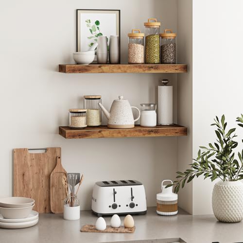 Fixwal Wood Floating Shelves for Wall, 22" Long Wall Mounted Shelves for Living Room, Bedroom, Bathroom and Kitchen, Wall Shelves for Storage, Books, Room Decor (Rustic Brown, Set of 2) - color: Rustic Brown, size: 22in