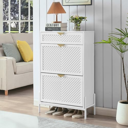 Shoe Cabinet Storage with 2 Flip Drawers, Narrow Hidden Shoes Organizer Cabinet for Entryway, Freestanding Slim Shoe Rack Front Door Entrance(White) - color: White, size: Medium