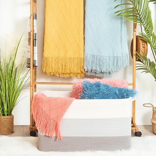MINTWOOD Design 22in Extra Large Blanket Basket Holder Living Room, Rectangle Rope Woven Storage Basket with Handles for Laundry, Pool Towels, and Shoes, Dog Toy Organizer Bin Box, 3-Tone Light Gray - color: 3-Tone Light Gray