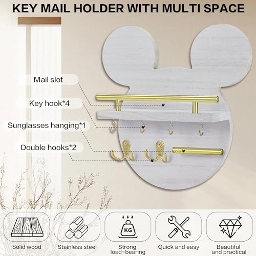 AIRPOP Key Holder for Wall–Mouse Wooden Mail Organizer Wall Mount with Shelf and 6 Hooks, Easy Installation Key Rack Hanger for Entryway Living Room Home Decor(White) - color: White