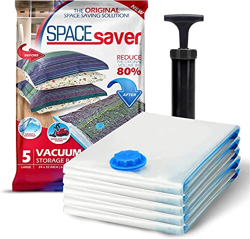 5 Pack Large Vacuum Storage Bags for Comforters, Blankets & Clothes – Vacuum Sealed Compression Bags with Hand Pump – Space Saver Storage Bags for Bedding, Moving, Travel & Organization - size: 5 Large Bags
