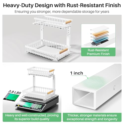 Kitstorack Under Sink Organizer, 2 Tier Under the Sink Storage, Slide out Pull out Cabinet Organizer Shelf, Metal Sliding Drawer for Kitchen Bathroom Pantry Closet Organization Rack, White, 2 Pack - color: White, size: 2 Pack