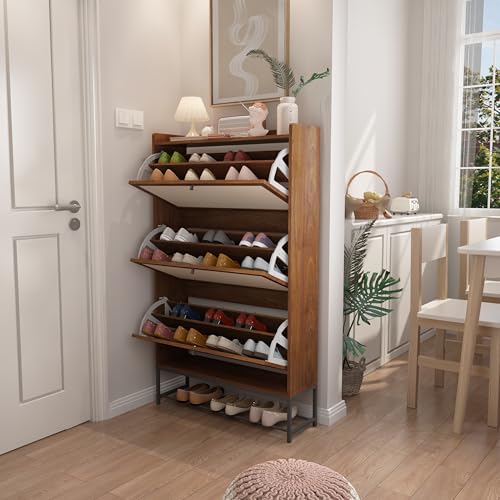 Shoe Cabinet Storage for Entryway, Narrow Shoe Cabinet with 3 Filp Drawers, Wood Freestanding Shoe Organizer Cabinet with Metal Legs, Hidden Storage Behind Door for Hallway, Living Room (Walnut) - color: Linen-walnut, size: 3 Drawer-Divider