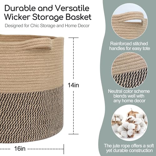 MEGASKET Large Wicker Storage Basket, 16" x 14" Woven Baskets for Storage, Blanket Storage for Living Room, Big Round Wicker Bin for Laundry, Pillows, Towels, Shoes, Dog Kids Toy Box, Home Decor - color: Black and Jute