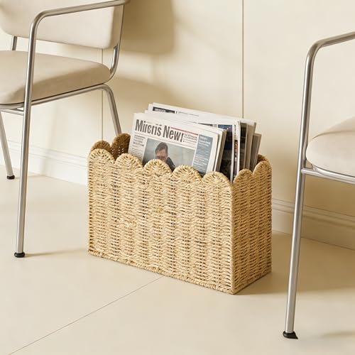 Paper Rope Magazine Holder for Floor, Wicker Magazine Basket, Tall Narrow Book Basket & File Holder for Books, Mail, Newspapers & Papers, Scalloped Storage Basket for Living Room, Office, Bedroom - color: Khaki(Paper Rope)