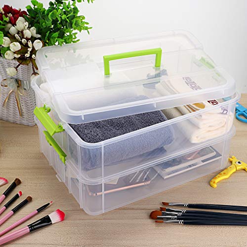 BTSKY 2 Layer Stack & Carry Box, Plastic Multipurpose Portable Storage Container Box Handled Organizer Storage Box for Organizing Stationery, Sewing, Art Craft, Jewelry and Beauty Supplies Green - color: Green