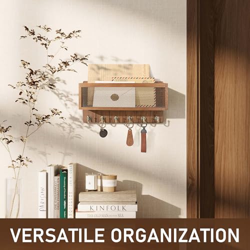 Rebee Vision Key Holder Wall Mount with Mesh Mail Basket – Mail Organizer for Wall Decor with 6 Key Hooks for Entryway, Kitchen – Functional Home Decor & Space-Saving Wooden Organizer (Golden Hook) - color: Light Brown
