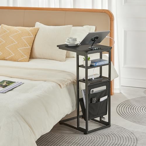 C Shaped End Table with Charging Station, 28"(H) 3-Tier C Table with Storage Bag, Under Couch Table C-Shaped End Table with Storage Shelves and Bag for Living Room, Bedroom, or Office - color: Black, size: Wood--with Socket