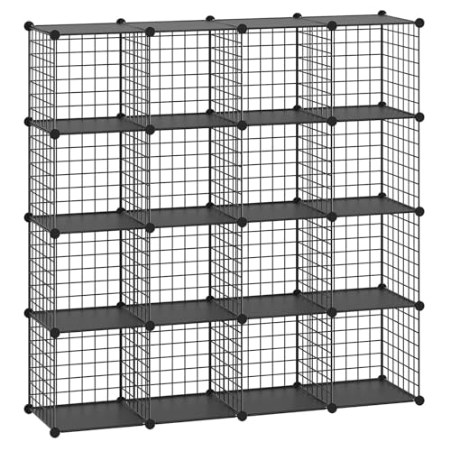 HUBSON Wire Cube Organizer, Book/Toy/Craft/Potted Plants and Pet Closet Organizers, 16-Cube Freely Combinable Metal Grids Storage Shelf, Black Plus Iron - color: Black Plus Iron, size: 16 Cubes