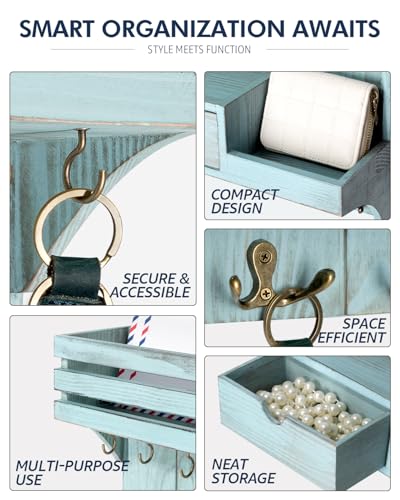 Rebee Vision Decorative Key Holder Wall Mount with Mini Drawer Organizer - Stylish Key Holder for Wall with Mail Organizer & 9 Key Hooks - Apartment Essentials for Home Decor (Blue) - color: Blue, style: Small Drawer