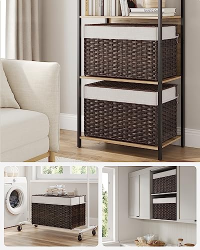 SONGMICS Storage Basket with Lid, Woven Blanket Storage Bin with Handles, Foldable, Removable Liner, Metal Frame, for Bedroom, Laundry Room, 27.7 Gallons (105 L), Brown URST066K01 - color: Brown, size: 105 L