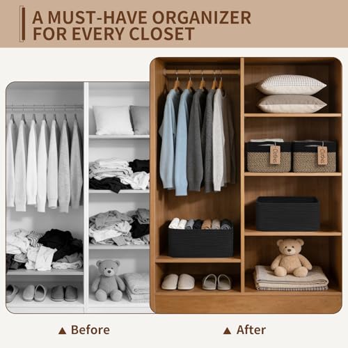 Goodpick 4 Pack Storage Baskets for Shelves, Rectangle Cotton Rope Baskets for Organizing, Closet Storage Bins for Baby Toys, Decorative Woven Basket with Handles, 13''L x 8''W x 6''H, Black - color: Black