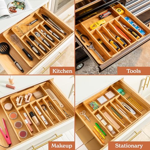 SMIRLY Silverware Drawer Organizer – Bamboo Kitchen Drawer Organizer, Adjustable Utensil Holder and Cutlery Tray, Drawer Dividers for Flatware and Kitchen Utensils | Adjustable, Drawer Dividers, Flatware, Kitchen Utensils - size: 8 Slot