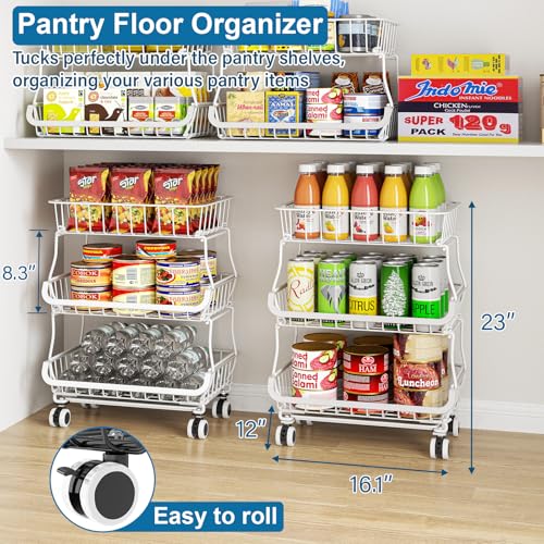OKZEST 3-Tier Rolling Pantry Floor Organizer and Storage Cart with Wheels, Stackable Wire Pantry Baskets for Pantry Shelves, Kitchen Storage Rack and Fruit Basket Stand for Fruit Snack Onion Potato - color: White, size: 3-Tier Baskets