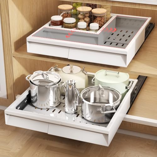 Seinloes 2 Pack Pull Out Cabinet Organizer With Raising Pad for Framed Cabinets,Expandable Width (11"-16") and Depth (13"-17"),3 Slide Rails Slide Out Drawers with Handle,No-Drill Roll Out Shelf,White - color: White, size: 11"-16"W x 13"-17"D(2Pack)
