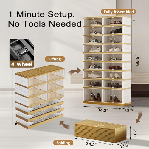 SYNCVIBE Shoe Rack Organizer for Closet Entryway Foldable Sneaker Storage Shoe, Collapsible Shoe Cabinet, Stackable Shoe Storage Cabinet with Lids for Living Room (9 Tiers -36 Pairs White Gold) - size: 9 Tiers -36 Pairs White Gold