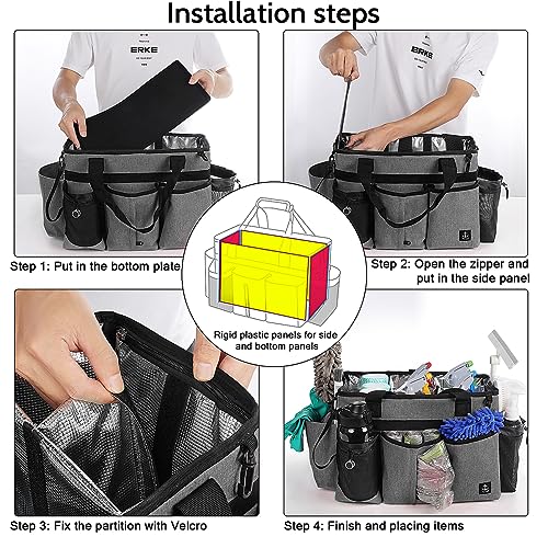 Large Cleaning Caddy Bag Built-in Sturdy Support Board, Cleaning Organizer with Detachable Divider, Cleaning Supply Tote with Adjustable Shoulder Strap&Waist Belt for Cleaners & Housekeeper - color: Grey