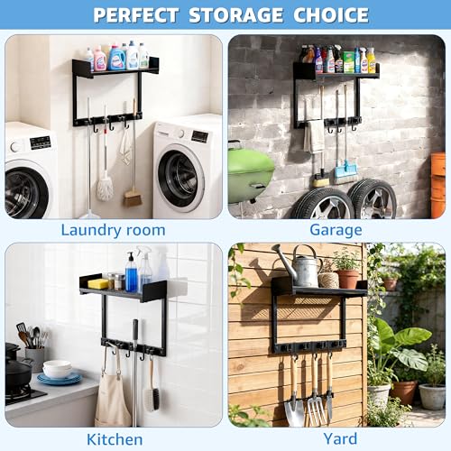 HUFAND Broom Holder Wall Mount, 15" Large Mop and Broom Organizer Wall Hanging with Top Storage Shelf, Heavy Duty Iron Utility Rack for Laundry Room, Garage, Kitchen, Garden - Black - size: small