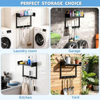 HUFAND Broom Holder Wall Mount, 15" Large Mop and Broom Organizer Wall Hanging with Top Storage Shelf, Heavy Duty Iron Utility Rack for Laundry Room, Garage, Kitchen, Garden - Black - size: small