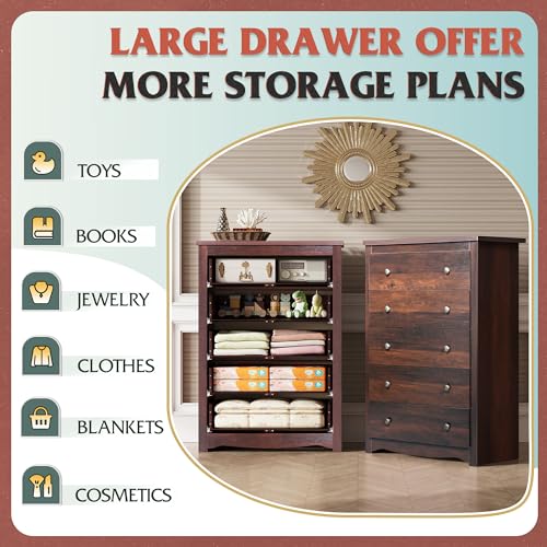 WLIVE Wood Dresser with 5 Drawers, 45" Tall Dresser for Bedroom, Chest of Drawers, Storage Cabinet and Organizer Drawers for Living Room, Hallway, Closet, Rustic Brown - color: Brown, size: 5 Drawers