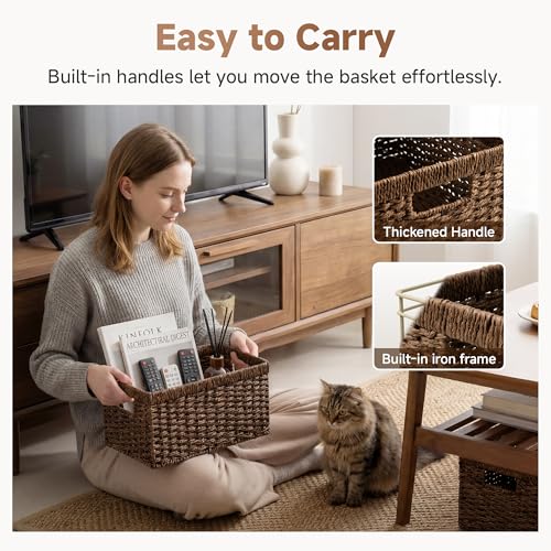 StorageWorks Round Paper Rope Storage Baskets, Rectangular Wicker Baskets with Built-in Handles, Medium, 2-Pack - color: Dark Brown (Paper Rope), size: 2x 13¼"L x 8¼"W x 7"H