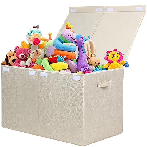 popoly 122L Large Toy Box Chest with Lid, Foldable Toy Storage Organizer Bin Boxes with Removable Divider for Kids, Boys, Girls, Nursery, Playroom, 26"x17" x17" (Linen Beige) - color: Extra Large Beige
