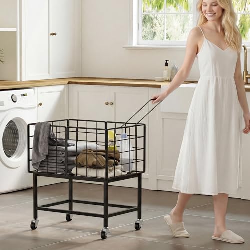 WOWLIVE Rolling Laundry Hamper with Wheels, 80L Heavy Duty Laundry Basket with Handle, Metal Wire Frame Laundry Cart, Dirty Clothes Hamper Organizer Dorm Room Storage for Bedroom, Bathroom, Black - color: Black