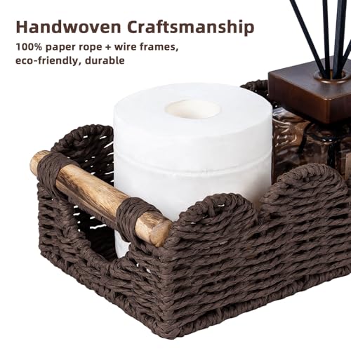 CubesLand Bathroom Basket Organizer w/Cut Out Handle, Back of Toilet Paper Storage Baskets Tray for Bathroom Countertop Decorative, Scalloped Wicker Basket Also for Home Decor, Living Room, Brown - color: Brown