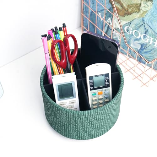 Round Leather Art Supply Organizer,Remote Control Holder,360 Degree Spinning,Multi-Functional Pencil Holder,4 Compartments Desktop Stationary Organizer(1-Wood Green) - color: 1-Wood Green