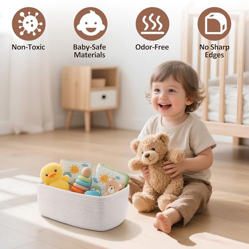 5-Pack Small Woven Rope Storage Baskets – 2 Sizes Organizer Bins for Closet, Shelf, Bookshelf, Nursery, Changing Table, Fabric Cube Boxes, Rectangular Shallow Bins for Bathroom, Toy & Home - color: White