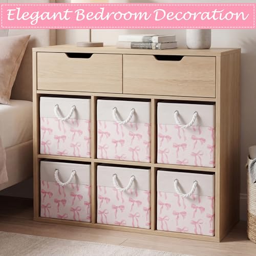 LemonRoad 6 Pcs Pink Bow Cube Storage Bins Square 11.22 Inch Storage Basket with Handle Preppy Girl Organizer Basket Collapsible Fabric Box for Classroom Bedroom Office Home Decoration Gift - color: Pink, size: 11.22 Inch, style: Bow