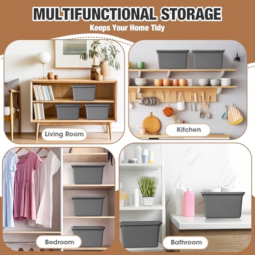 Potchen 6 Pcs Pack Cute Plastic Storage Bins with Lids Decorative Stackable Storage Boxes 9.8" ×7.3" ×5.7" Small Storing Totes for Organizing Craft Office Supplies (Grey) - color: Grey