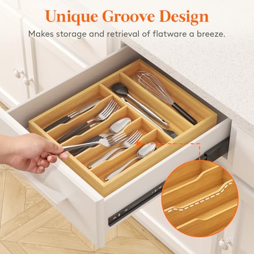 Lifewit Silverware Drawer Organizer, Utensil Tray for Kitchen, Flatware and Cutlery Holder, Storage for Spoons Forks Knives, 33 x 42cm, Natural - size: 12.9''W x 16.5''D