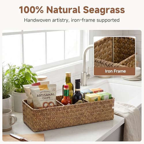 StorageWorks Toilet Paper Basket for Back of Toliet，Basket with 3 Enlarged Compartments, Seagrass Toilet Paper Storage Baskets, 16½"x 5½"x 5½", Brown, 2-Pack - color: Brown（Seagrass）, size: 16½"L x 5½"W x 5½"H