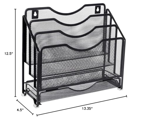 EasyPAG Mesh Desk Paper Organizer Wall Hanging File Holder with 3 Upright File Organizer and Sliding Drawer,Black - color: Black