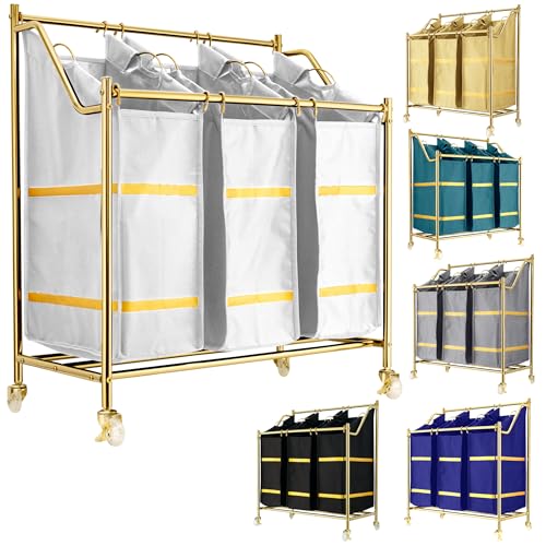 LUXURY STYLE 3- Sections Laundry Sorter, Roling Laundry Cart, Modern Golden Hamper, 3-Bags Organizer with Wheels, Laundry Basket, XL Hamper for Clothes, Toys, and Towels (Classic White) - color: Classic White