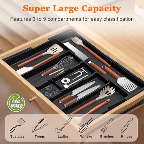 Spaclear Large Utensil Drawer Organizer Expandable Silverware Organizer for Kitchen Drawer Adjustable Cooking Utensil Holder Cutlery Flatware Tray Spatula Tools Gadgets Storage Dividers Plastic Black - color: Black