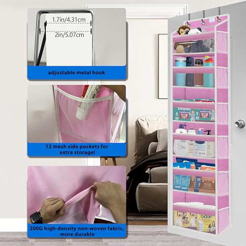over the door organizer, Solid Bamboo Board (Not Plastic!) 6-Tier Heavy Duty 75LB, 12 Side Pockets, 3 Reinforced Hooks & Anti-Slip Pads, Waterproof & Washable, No Sagging, No Door Damage,Pink - color: over door organizer-Pink