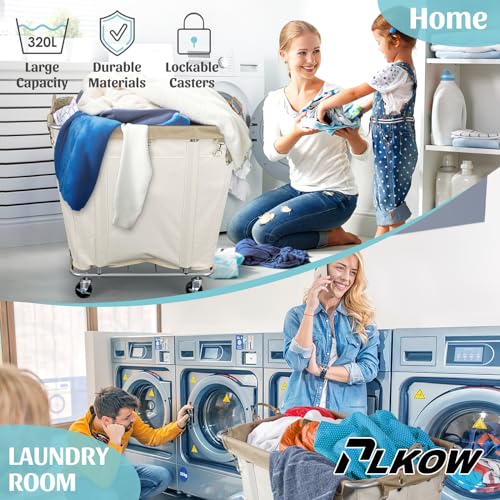 PLKOW Laundry Cart with Wheels 320L Large Rolling Laundry Cart for Commercial/Home, Rolling Laundry Basket with Steel Frame and Waterproof Lining, 9 Bushel, 32.3L x 19.7W x 30.7H Inch, Beige - color: Beige-320L