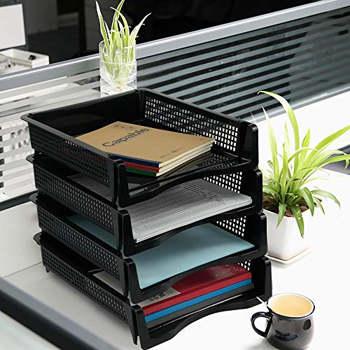 Stackable Paper Tray Set of 6, Black Plastic Letter Tray Basket