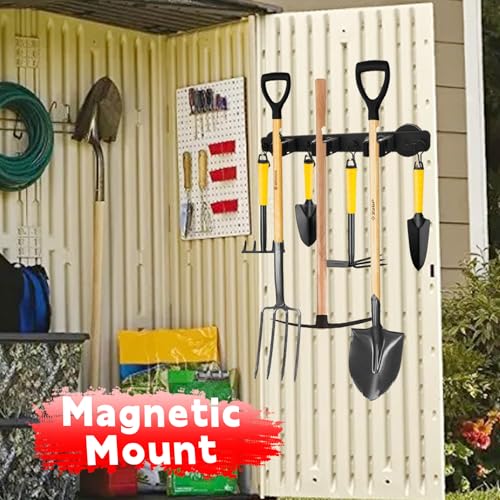 Magnetic Mop Broom Holder,Heavy Duty Movable Magnetic Wall Mount Tool Racks,No Drilling Utility Storage Shovel Hanger for Garage,Closet,Garden,Kitchen,Laundry (4 Hooks 3 Grippers,Black) - style: 4 Slot 3 Hooks Magnetic Mop Holder