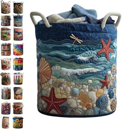 Quilted Laundry Baskets, Large Floral Boho Fabric Storage Hamper with Handles, Collapsible Soft Clothes Organizer Tote for Nursery House Styling, Portable Bedroom Washing Container - color: #10, size: L(45*43*17cm)