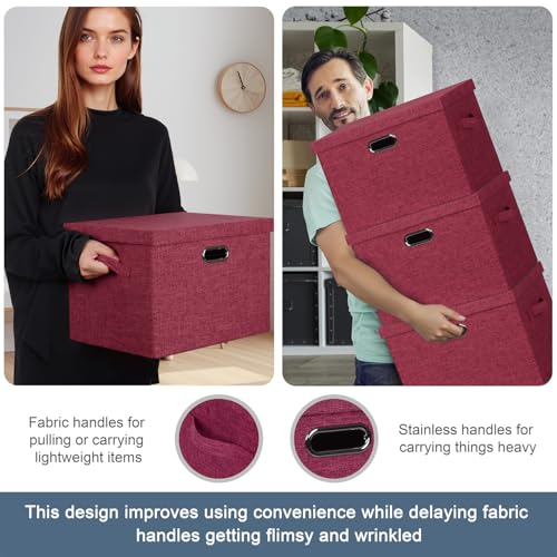 Graciadeco Large 17" 36 Quart Collapsible Stackable Storage Bins with Lids, 3 Packs Bright Red Linen Fabric Closet Boxes with Lids, Storage Cube Baskets Container Organizers for Office (17x12x11) - color: Bright Red, size: Large -3 Pack