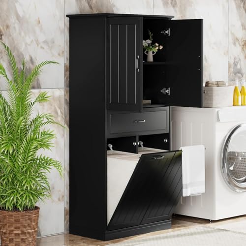 Virubi Tall Laundry Cabinet with 2 Tilt Out Laundry Hamper, Wood Bathroom Storage Cabinet with Doors,Drawers and Adjustable Shelves Freestanding (Black,30"x15.7"x65.8") - color: Black, size: 30"x15.7"x65.8"
