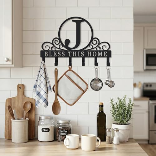 Metal Letter J Key Holder for Wall, Decorative Metal Key Holder Wall Mount, Key Hooks Coat Rack Monogram Wall Decor, Perfect for Bathroom, Living Room, Kitchen, Anniversary Housewarming Gift - style: J