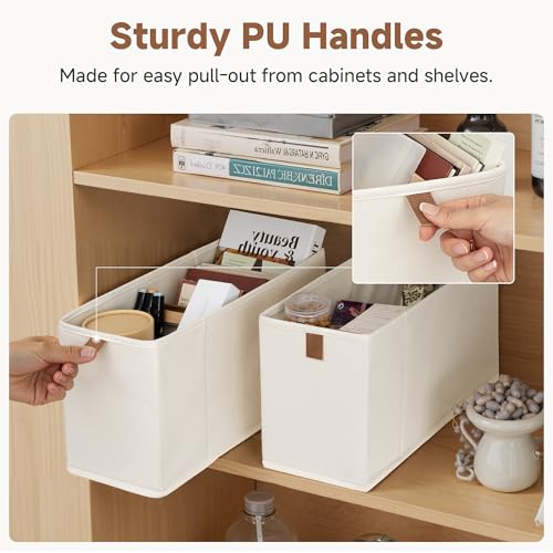 StorageWorks Fabric Storage Bins, Small Storage Bins with PU Handle, Decorative Narrow Baskets for Shelves, Ideal for Organizing Clothes, Toys, and Books, Beige, 4-Pack - color: Beige, size: 6.25'' Width (4 Pack)